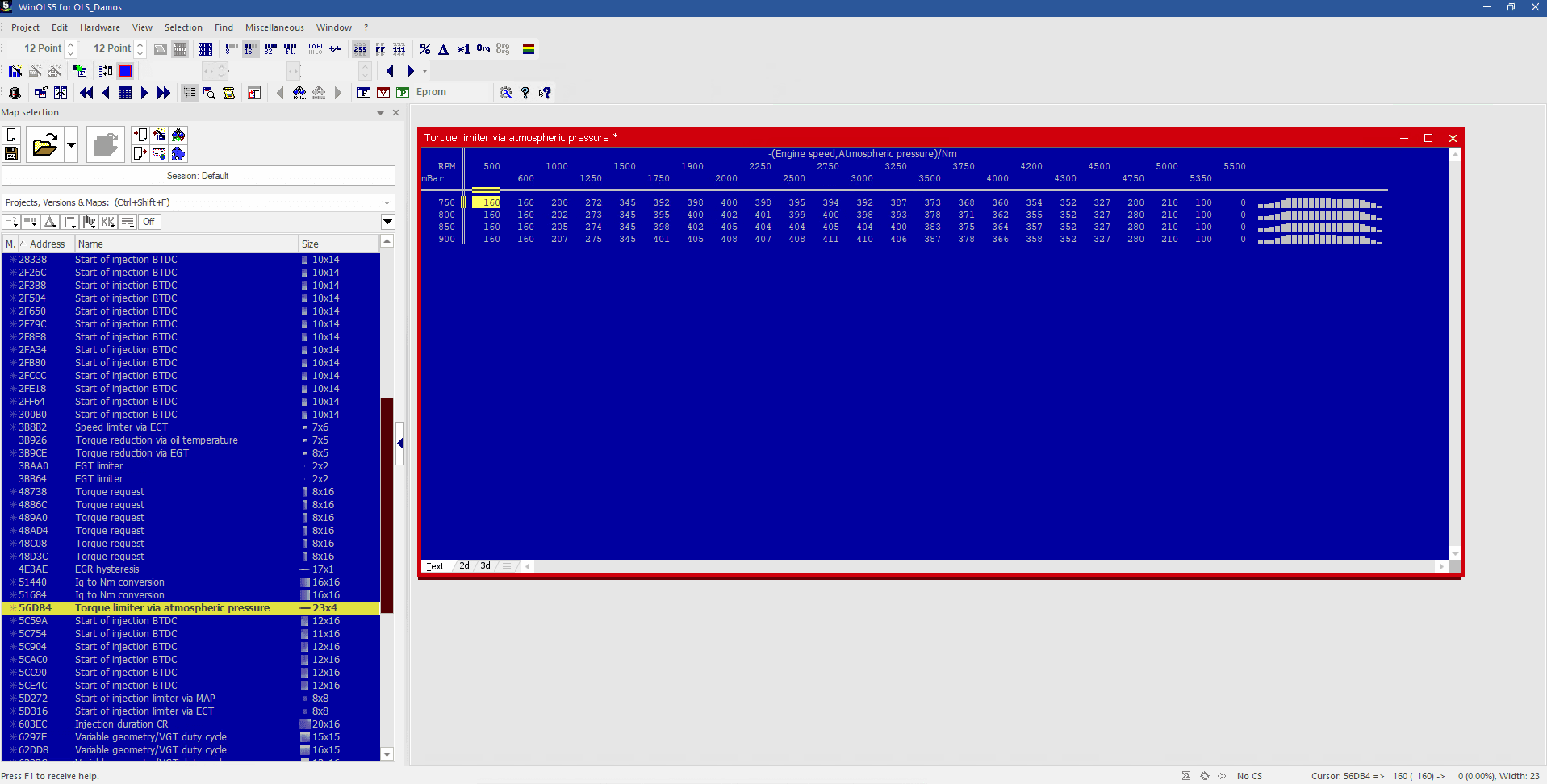 Imported torque limiter map open in WinOLS with its axes, values, and map dimensions visible
